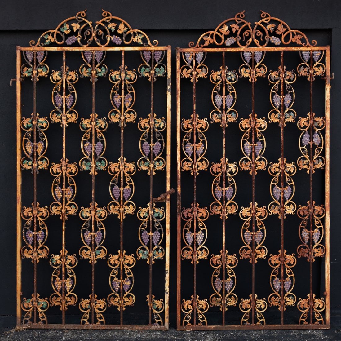 Pair of French Painted Wrought Metal Grape & Vine Doors: A Pair of French Painted Wrought Metal Grape & Vine Doors, Early 20th Century. Each, H: 87 x W: 41 in.