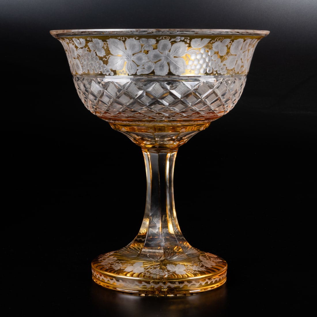 A Bohemian Amber Cut to Clear Compote: A Bohemian Amber Cut to Clear Glass Compote, 20th Century, On an octagonal pedestal stem. Dims, H: 10 1/2 x dia: 9 1/4 in.