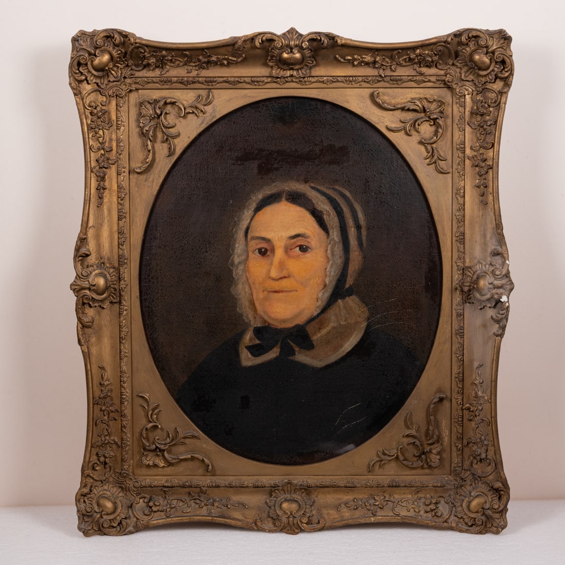 American School ( 19th Century): American School ( 19th Century) Portrait of Rebekah How, Oil on canvas laid on board, Unsigned. Restored by Peter Paul Dubanowicz, 1963. Original frame. H: 30 W: 25 1/2 in.