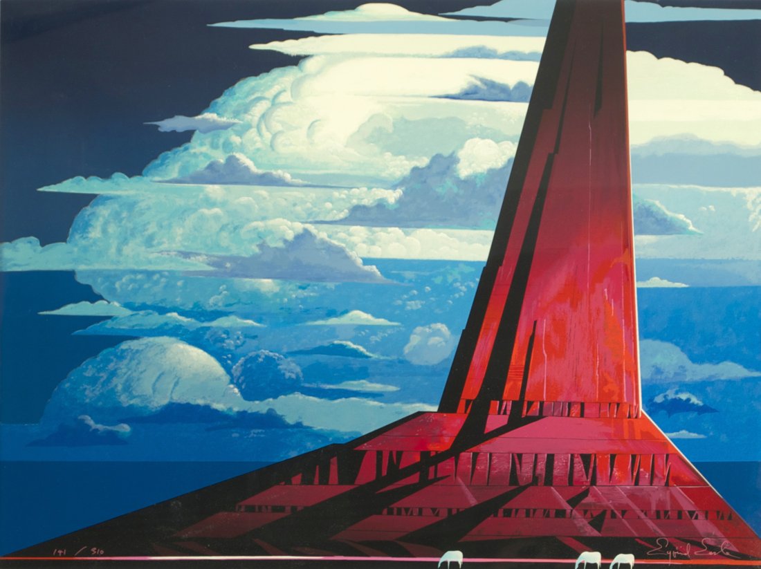 Eyvind Earle (1916-2000) Silent Thunder, Color: Eyvind Earle (1916-2000) Silent Thunder, Color serigraph, Signed in ink lower right and numbered 141/310. Image dimensions: h: 24 x w: 32 in. Frame dimensions: h: 24 1/2 x w: 43 in. Other Notes: *** P