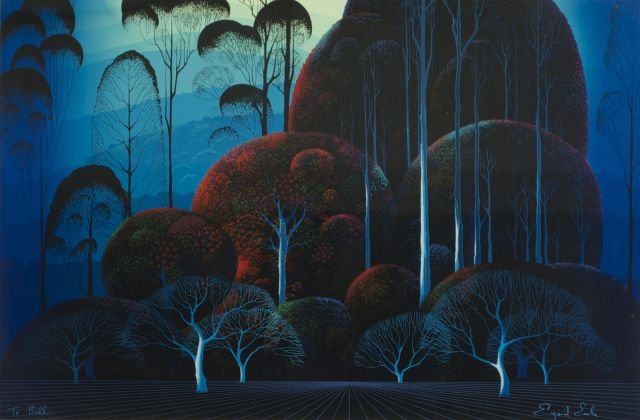 Eyvind Earle (1916-2000) Blue Forest, Silkscreen on: Eyvind Earle (1916-2000) Blue Forest, Silkscreen on paper, Signed lower left and inscribed ""To Bill"" lower right. Dimensions: h: 24 x w: 36 in. Other Notes: *** Please inquire for shipping estimate