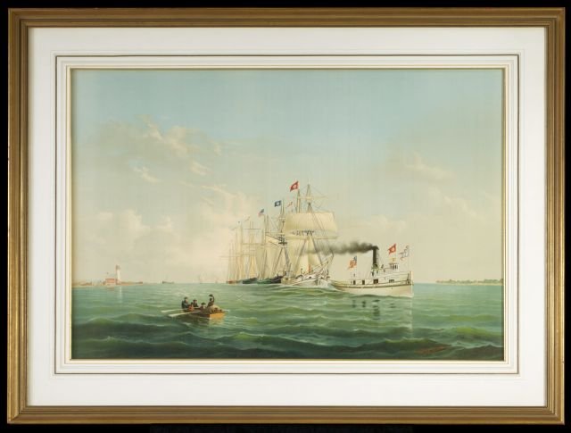 Seth A. Whipple (American, 1855-1901) Tug "Champion" at: Seth A. Whipple (American, 1855-1901) Tug ""Champion"" at Head of Belle Isle Towing Grain Schooners, Lithograph on paper, Published by Calvert Lithography Company, 1878. Framed. Image dimensions: h: 2