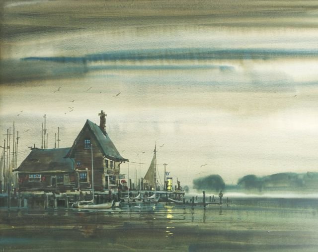 D. Brown (20th Century) Village Harbor, Watercolor on: D. Brown (20th Century) Village Harbor, Watercolor on paper, Signed in image lower left. Dimensions: h: 22 x w: 28 in.