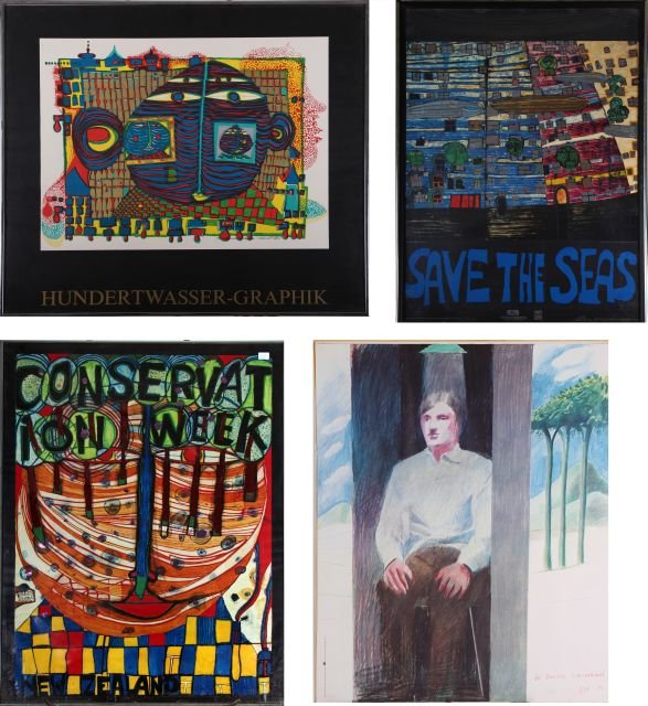 A Collection of Four Color Reproduction Prints After: A Collection of Four Color Reproduction Prints After Friedensreich Hundertwasser and David Hockney, 20th Century. Largest framed dimensions: h: 34 x w: 24 in.