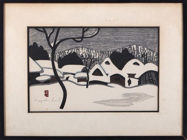 Kiyoshi Saito (Japanese, 1907-1992) Winter Scene,: Kiyoshi Saito (Japanese, 1907-1992) Winter Scene, Woodblock print, Signed and stamped in the lower left. Dimensions: h: 10 x w: 15 in.