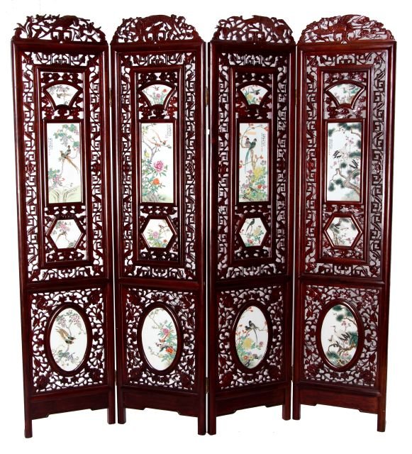 A Chinese Porcelain and Carved Rosewood Four Panel Floo: A Chinese Porcelain and Carved Rosewood Four Panel Floor Screen, 20th Century. Panel dimensions: h: 77 x w: 18 x d: 1 1/2 in.
