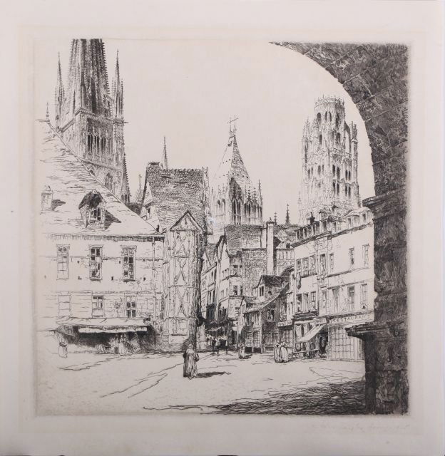 John Taylor Arms (1887-1953) Rouen, Etching,: John Taylor Arms (1887-1953) Rouen, Etching, Signed and dated 1925 within the image lower right. Image dimensions: h: 8 x w: 8 in.