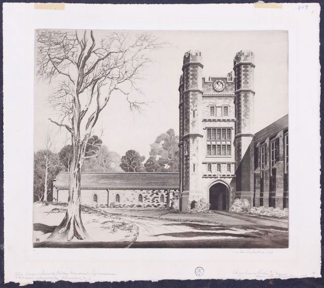 John Taylor Arms (1887-1953) The Herbert Lowell Dillon : John Taylor Arms (1887-1953) The Herbert Lowell Dillon Memorial Gymnasium, Princeton University, Etching, Signed within the image and dedicated "To my friend Eddie and Francis, 1948." Image dimensions