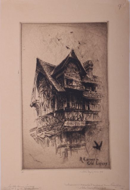 John Taylor Arms (1887-1953) A Corner in Old Lisieux, E: John Taylor Arms (1887-1953) A Corner in Old Lisieux, Etching on paper, Number six of the "Gable Series." Signed, dated 1916, and dedicated "Impression dedicated to my friend, Manie Probs Field, 1950"