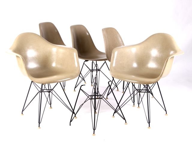 A Group of Five Charles and Ray Eames Molded Fiberglass: A Group of Five Charles and Ray Eames Molded Fiberglass Chairs with Eiffel Tower Metal Bases by Herman Miller, Comprising of two arm and three side. Together with one extra base. Stamped with February