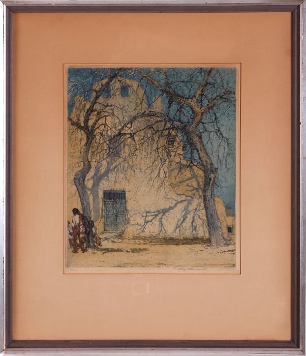 Luigi Kasimir (1881-1962) Sante Fe, Etching: Luigi Kasimir (1881-1962) Sante Fe, Color etching, Signed and numbered 67/150 in pencil lower margin. Dimensions: h: 12 1/2 x w: 10 1/2 in.