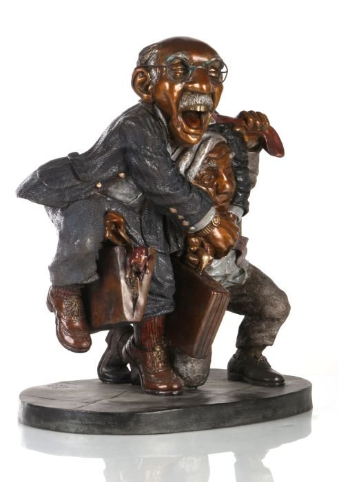 Charles Bragg (American, b. 1931) Out of Court: Charles Bragg (American, b. 1931) Out of Court Settlement, Cast polychrome patinated bronze, Signed on base, dated 1988 and stamped Dyansen Corp. Numbered 201/275. Dimensions: h: 15 1/2 x w: 13 x d: 8