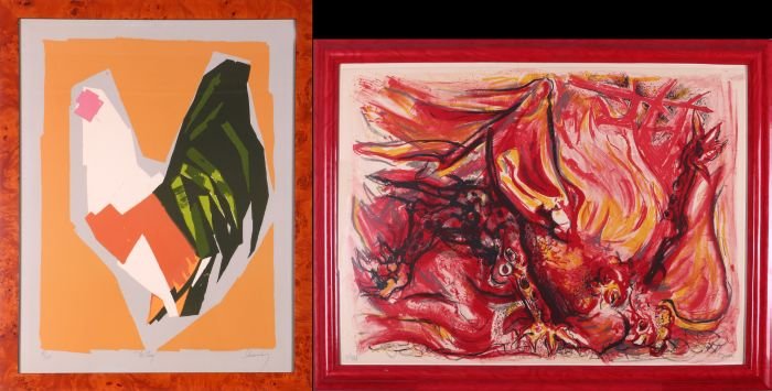 Edouard Pignon (1905-1993) Combat de Coqs, Lithograph,: Edouard Pignon (1905-1993) Combat de Coqs, Lithograph, Signed lower right and numbered 51/175 lower left in pencil. Together with a lithograph by Andrew Shunney titled "Le Coq," signed lower right, ti