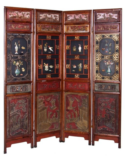 A Chinese Lacquered Four Panel Floor Screen, 19th/20th: A Chinese Lacquered Four Panel Floor Screen, 19th/20th Century. Panel dimensions: h: 76 x w: 15 x d: 1 1/2 in.