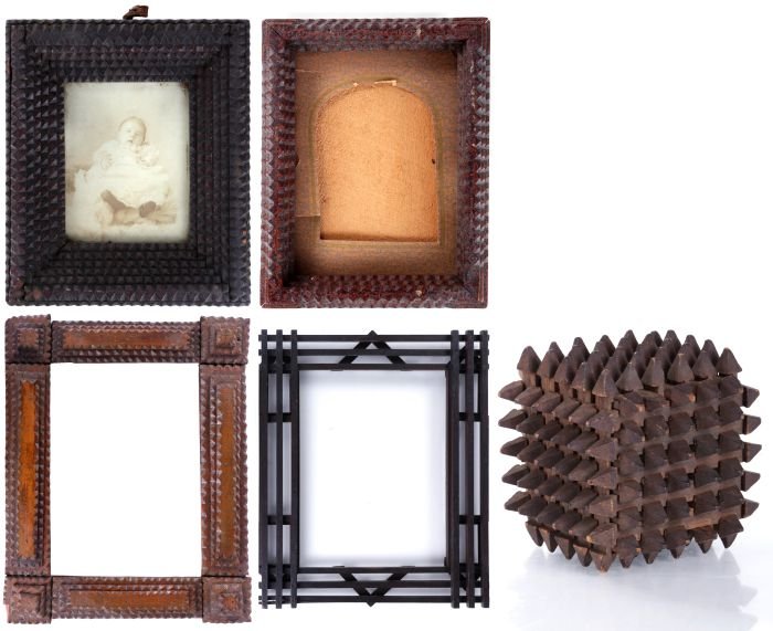 A Group of Four Tramp Art Frames, 19th/20th Century,: A Group of Four Tramp Art Frames, 19th/20th Century, Together with a tramp art carved pine puzzle. Largest dimensions: h: 23 1/2 x w: 20 1/4 x d: 1 1/4 in.