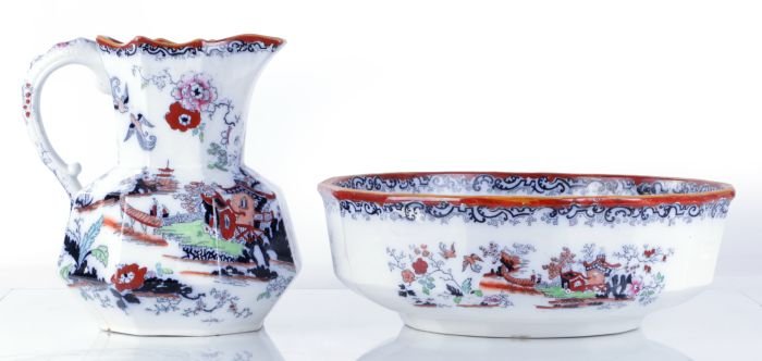 A Mason Ironstone Transfer Printed Pitcher and Wash: A Mason Ironstone Transfer Printed Pitcher and Wash Basin, 19th Century. Dimensions: h: 11 x w: 15 7/8 x d: 15 7/8 in.