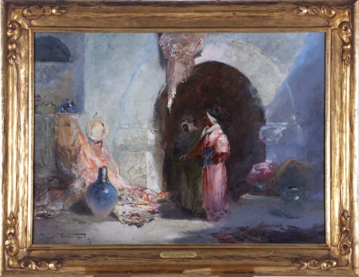 Douglas Arthur Teed (1864-1929) The Merchant: Douglas Arthur Teed (1864-1929) The Merchant with Pewabic Vessels, Oil on canvas, Signed and dated 1925 lower left. Dimensions: h: 23 x w: 32 in.