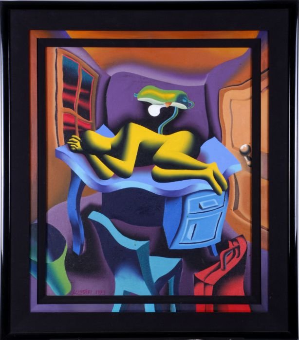 Mark Kostabi (b. 1960) Time Warp, Oil on canvas,: Mark Kostabi (b. 1960) Sleeping Figure, Oil on canvas, Signed and dated 1993 lower left. Dimensions: h: 24 x w: 20 in.