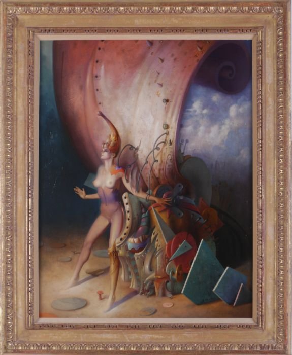 Gil Bruvel (b. 1959) Surreal Scene, Oil on canvas,: Gil Bruvel (b. 1959) Surreal Scene, Oil on canvas, Signed and dated 90/1991 lower right and on verso. Dimensions: h: 30 x w 23 in.