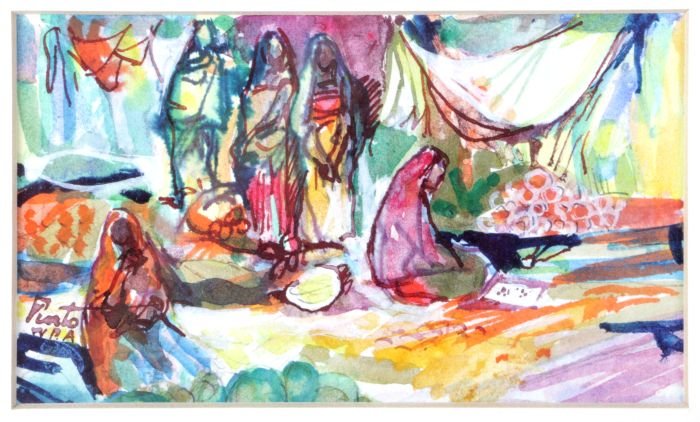 James Pinto (b. 1907) Market Scene, Watercolor,: James Pinto (b. 1907) Market Scene, Watercolor, Signed lower left. Dimensions: h: 3 x w: 5 in.