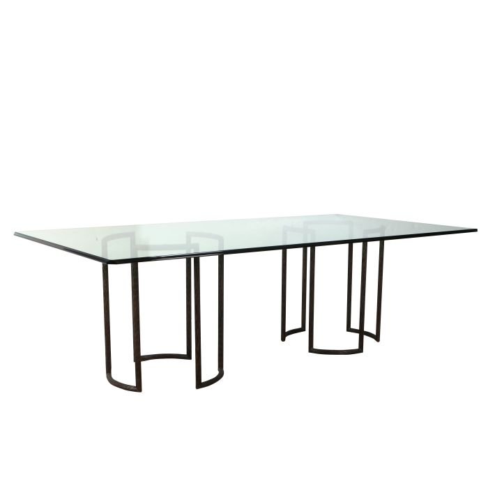 A Thomas Pheasant Bronze Double Pedestal Dining Table: A Thomas Pheasant Bronze Double Pedestal Dining Table with Bevelled Glass Top, 20th Century. Dimensions: h: 29 x w: 89 5/8 x d: 48 in.