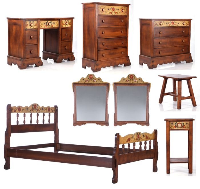 A Monterey Painted Oak Eight Piece Bedroom Set, 20th: A Monterey Painted Oak Eight Piece Bedroom Set, 20th Century. Full size headboard dimensions: h: 42 x w: 56 x d: 1 1/4 in. Bed side dimensions: l: 76 in. Low side table dimensions: h: 19 x w: 23 x d: