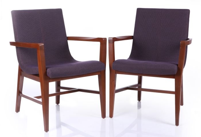 A Pair of Holly Hunt Siren Style Mahogany Upholstered: A Pair of Holly Hunt Siren Style Mahogany Upholstered Arm Chairs, 20th Century, Designed by Holly Hunt Studio. Dimensions: h: 33 1/2 x w: 24 7/8 x d: 24 7/8 in.