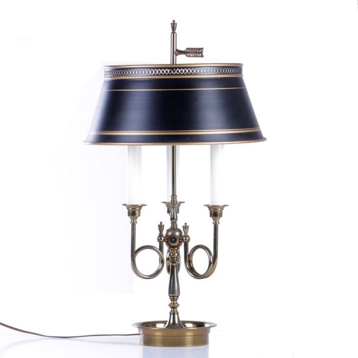 A Brass Tole Painted Bouillotte Lamp, 20th Century.: A Brass Tole Painted Bouillotte Lamp, 20th Century. Dimensions: h: 26 1/2 x w: 15 in.