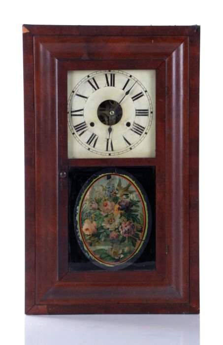 A Seth Thomas Rosewood Ogee Clock with Reverse Printed: A Seth Thomas Rosewood Ogee Clock with Reverse Printed Decoration, 20th Century. Dimensions: h: 25 1/4 x w: 15 1/4 x d: 4 1/4 in.