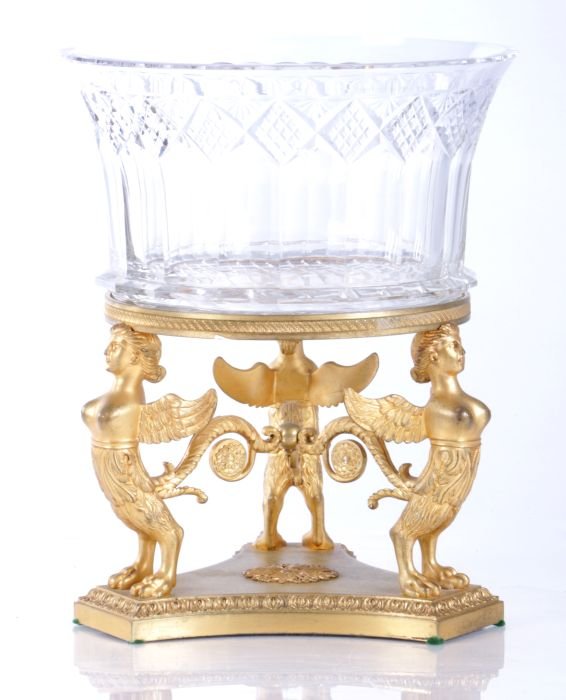 A French Ormolu and Cut Crystal Center Bowl, 19th: A French Ormolu and Cut Crystal Center Bowl, 19th Century. Dimensions: h: 11 3/4 x w: 9 1/2 in.