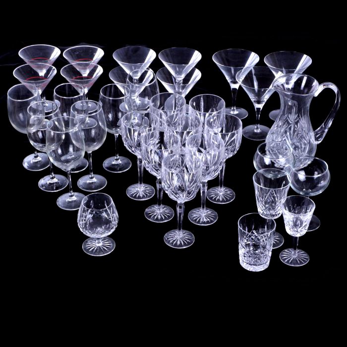 A Miscellaneous Collection of Waterford Crystal: A Miscellaneous Collection of Waterford Crystal Stemware, 20th Century, Together with unmarked martini glasses and a Waterford water pitcher.