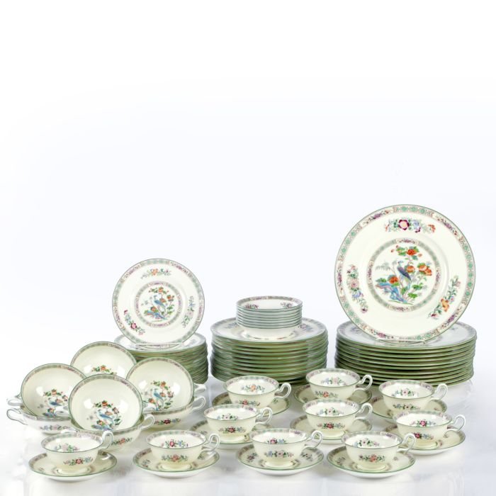 A Wedgwood Porcelain Partial Dinner Service for Twelve: A Wedgwood Porcelain Partial Dinner Service for Twelve in the Kutani Crane Pattern, 20th Century, Comprising of twelve dinner plates dia: 10 1/2 in, twelve salad plates dia: 8 3/4 in, twelve side plat