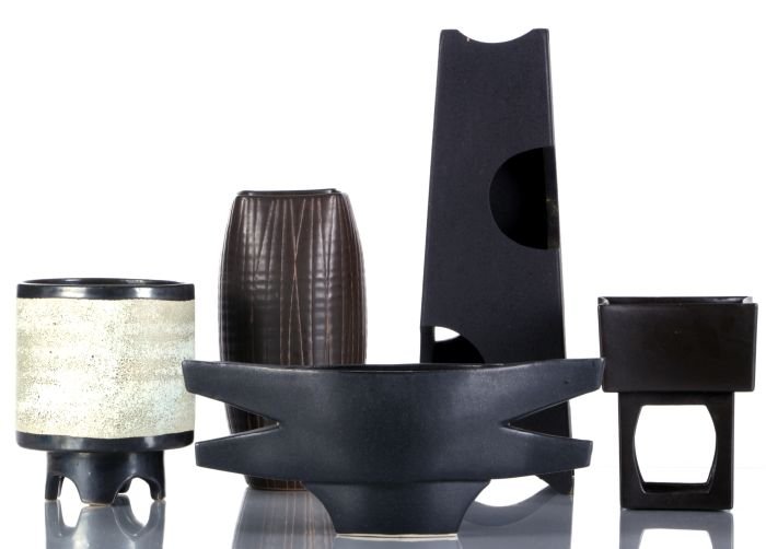 A Group of Four Japanese Brown Glazed Flower Vessels,: A Group of Four Japanese Brown Glazed Flower Vessels, 20th Century, Together with a wooden stand. Largest: h: 14 7/8 in x w: 5 1/4 in x d: 5 1/4 in.