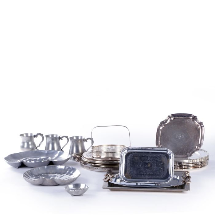 A Miscellaneous Collection of Silver Plated and Pewter: A Miscellaneous Collection of Silver Plated and Pewter Trays, Serving Items and Chargers, 19th/20th Century.