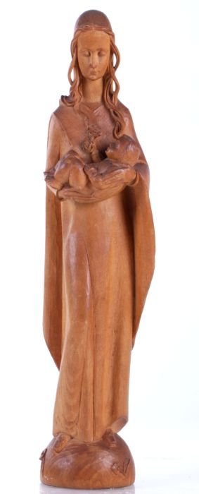Alois Lang (1872-1954) Madonna and Child, Carved: Alois Lang (1872-1954) Madonna and Child, Carved hardwood, Signed and dated 1936. Dimensions: h: 16 x w: 4 x d: 3 in.