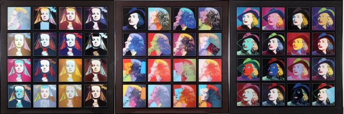 Andy Warhol (1928-1987) Portraits of Ingrid Bergman,: Andy Warhol (1928-1987) Portraits of Ingrid Bergman, Exhibition catalogue, 48 individual plates mounted and framed. Individual image dimensions: h: 7 1/2 x w: 7 3/4 in. Framed dimensions: h: 40 x 40 3