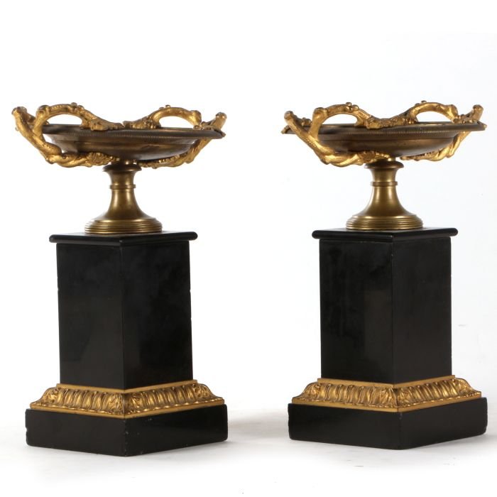 A Pair of Neoclassical Style Gilt Metal Tazze, 20th: A Pair of Neoclassical Style Gilt Metal Tazze, 20th Century. Dimensions: h: 10 x w: 8 x d: 6 in.