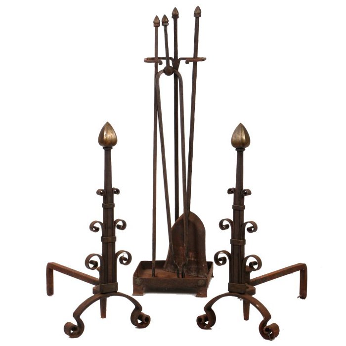 A Wrought Metal and Brass Fire Set, Early 20th Century,: A Wrought Metal and Brass Fire Set, Early 20th Century, Consisting of a pair of andirons and fire tools. Fire set dimensions: h: 31 x w: 8 1/4 x d: 8 1/8 in. Andiron dimensions: h: 25 1/2 x w: 10 7/8 