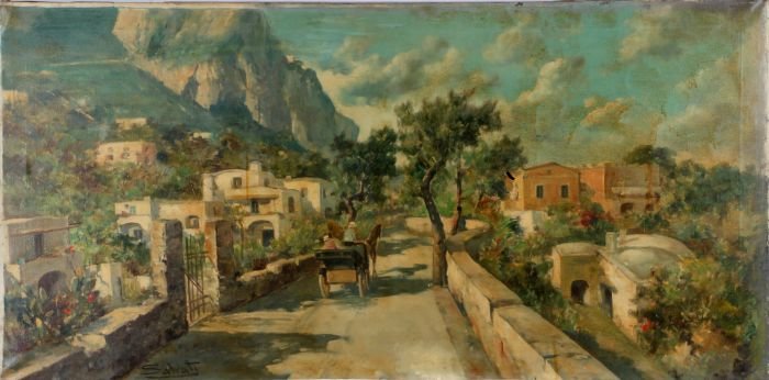 Giuseppe Salvati (1900-1968) Street Scene, Oil on: Giuseppe Salvati (1900-1968) Street Scene, Oil on canvas, re-stretched, Signed lower left. Dimensions: h: 24 x w: 48 in.