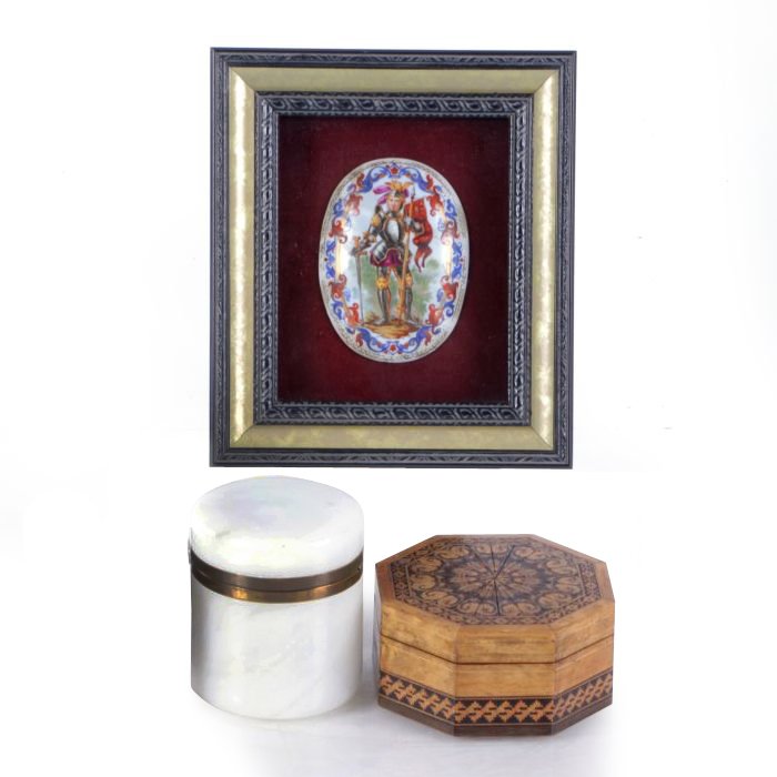 A Group of Three Decorative Boxes, 19th Century,: A Group of Three Decorative Boxes, 19th Century, Comprising of a Tunbridge box, a milk glass container, and a framed porcelain painted lid.