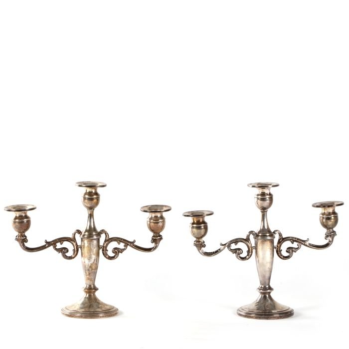 A Pair of Weighted Sterling Silver Three Arm: A Pair of Weighted Sterling Silver Three Arm Candelabra, 20th Century. Dimensions: h: 8 3/4 x w: 10 7/8 x d: 3 3/4 in.