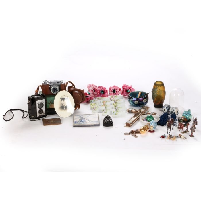 A Miscellaneous Collection of Vintage Glass, Ceramic: A Miscellaneous Collection of Vintage Glass, Ceramic and Metal Serving and Decorative Items, 20th Century, Including a Kodak Brownie Reflex camera and a PAX M2 Eastman camera. Largest Dimensions: h: 8