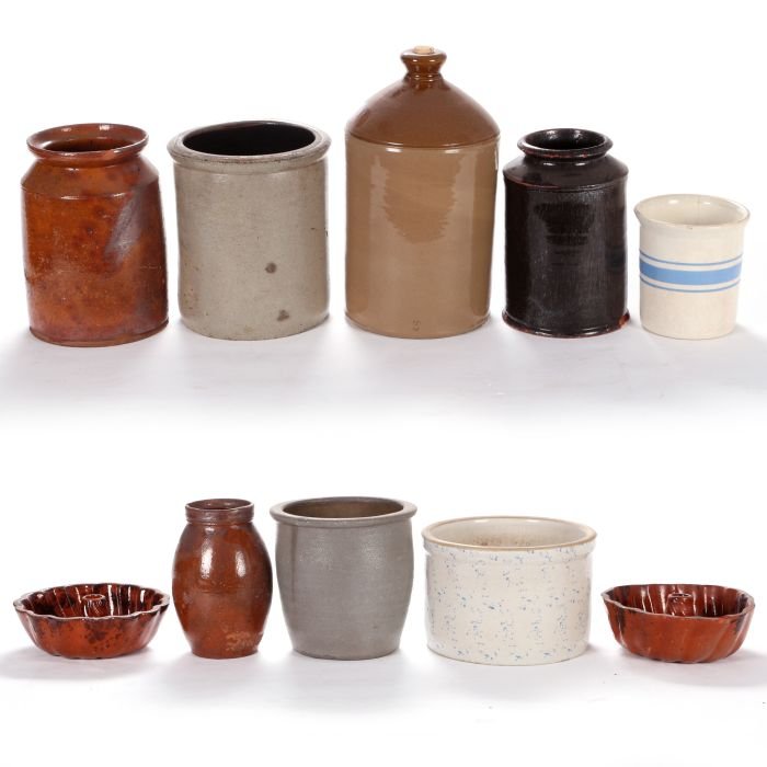 A Miscellaneous Collection of Earthenware and Porcelain: A Miscellaneous Collection of Earthenware and Porcelain Vessels, 20th Century, Together with two earthenware bundt cake pans.