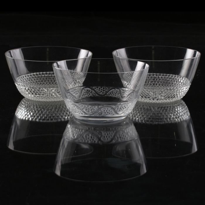 Two R. Lalique Nippon Bowls, 20th Century,: Two R. Lalique Nippon Bowls, 20th Century, Each etched with R. Lalique. Together with another bowl with grape motif. Dimensions: h: 2 3/8 x dia: 4 5/8 in.