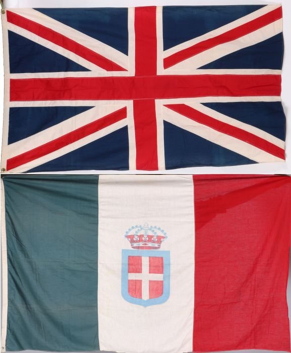 A Vintage Cotton Union Jack Flag, 20th Century,: A Vintage Cotton Union Jack Flag, 20th Century, Together with a vintage cotton Italian flag. Union Jack dimensions: h: 33 1/2 x w: 57 in. Italian dimensions: h: 45 x w: 67 in.