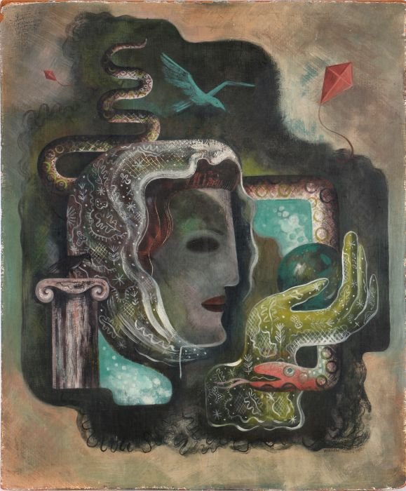 Miriam Smith Peck (1910-1984) Sibyl and the Snake, Oil: Miriam Smith Peck (1910-1984) Sibyl and the Snake, Oil on board, Signed lower right. Dimensions: h: 18 x w: 22 in. Exhibitions: Cleveland Museum of Art, May Show, 1949