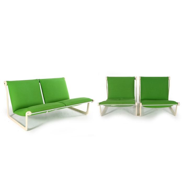 A Pair of Bruce Hannah and Andrew Morrison Aluminum: A Pair of Bruce Hannah and Andrew Morrison Aluminum Upholstered Lounge Chairs and Settee by Knoll in a White Finish, 20th Century. Largest dimensions: h: 26 x w: 55 x d: 36 in.