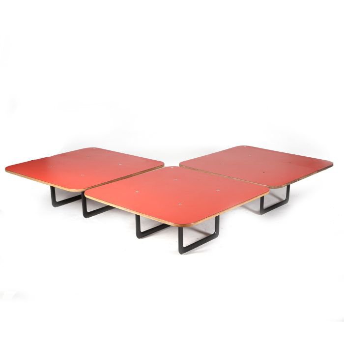 A Group of Three Bruce Hannah and Andrew Morrison Style: A Group of Three Bruce Hannah and Andrew Morrison Style Aluminum and Plywood Low Tables, 20th Century. Dimensions: h: 15 1/4 x w: 42 x d: 42 in.