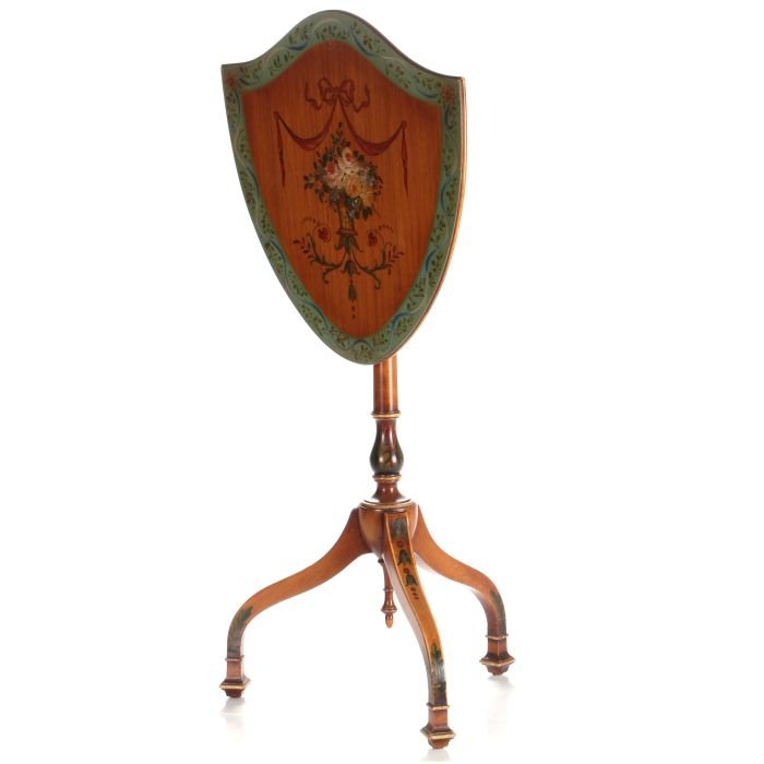 A Sheraton Style Painted Mahogany Shield Form Tilt-Top: A Sheraton Style Painted Mahogany Shield Form Tilt-Top Table, 19th/20th Century. Dimensions: h: 25 3/8 x w: 16 1/4 x d: 17 1/4 in.