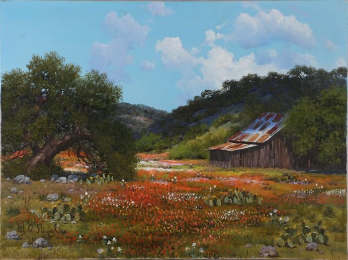 William A. Slaughter (1923-2003) Texas Landscape with: William A. Slaughter (1923-2003) Texas Landscape with Barn and Cacti, Oil on canvas, Signed lower left and inscribed on verso "Thanks a million for a great evening! W.A. Slaughter 10/9/82, Ft. Worth,